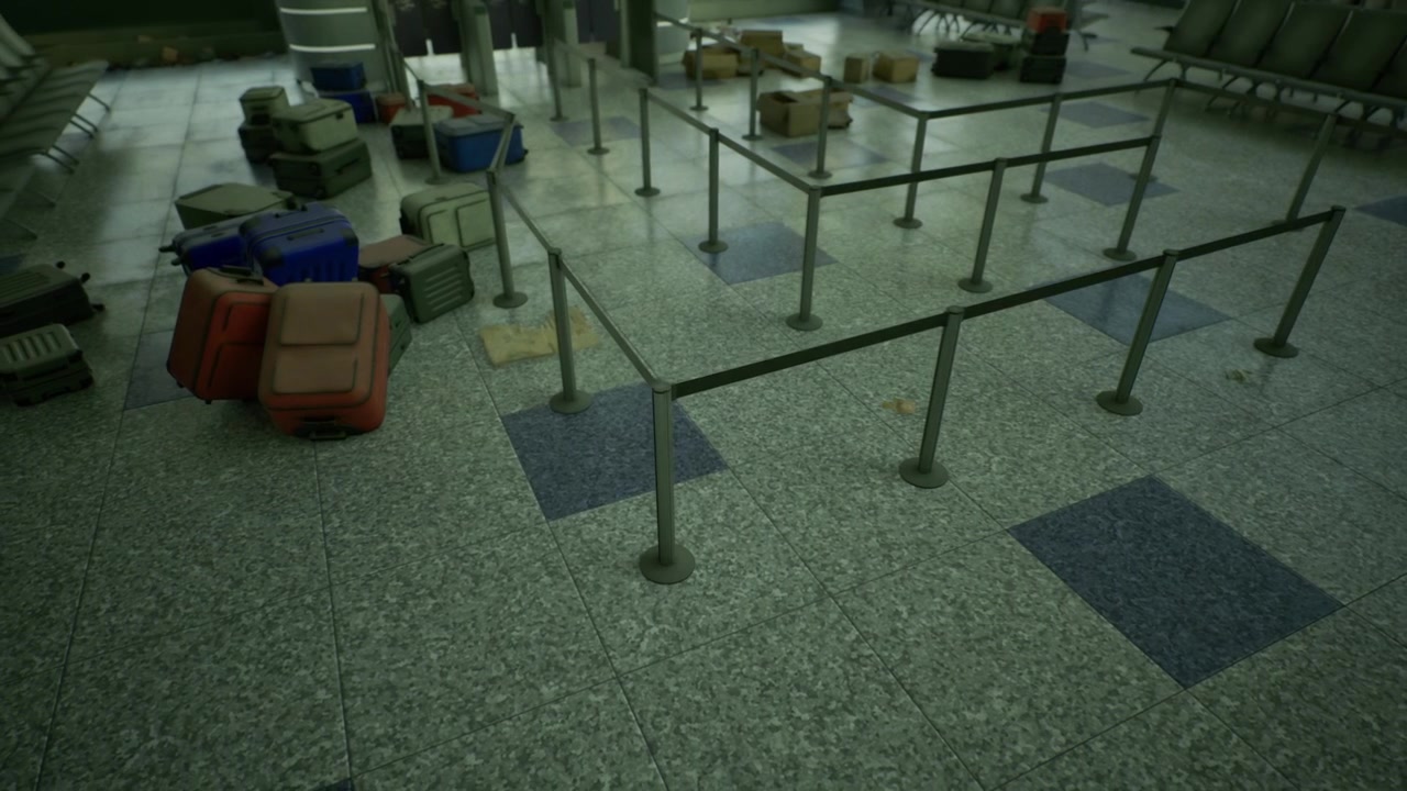 Silent departure zone featuring stacked baggage under soft morning illumination