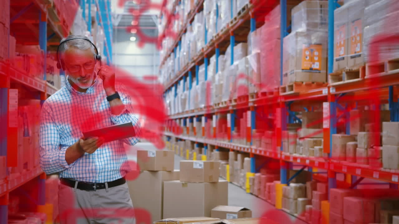 animación de iconos digitales sobre el hombre usando tableta en el almacén