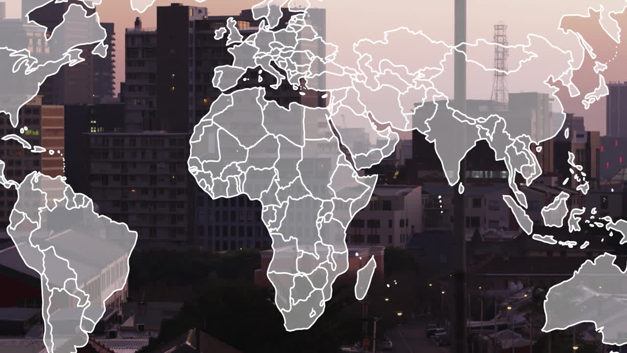 World map animation over cityscape with buildings and streets