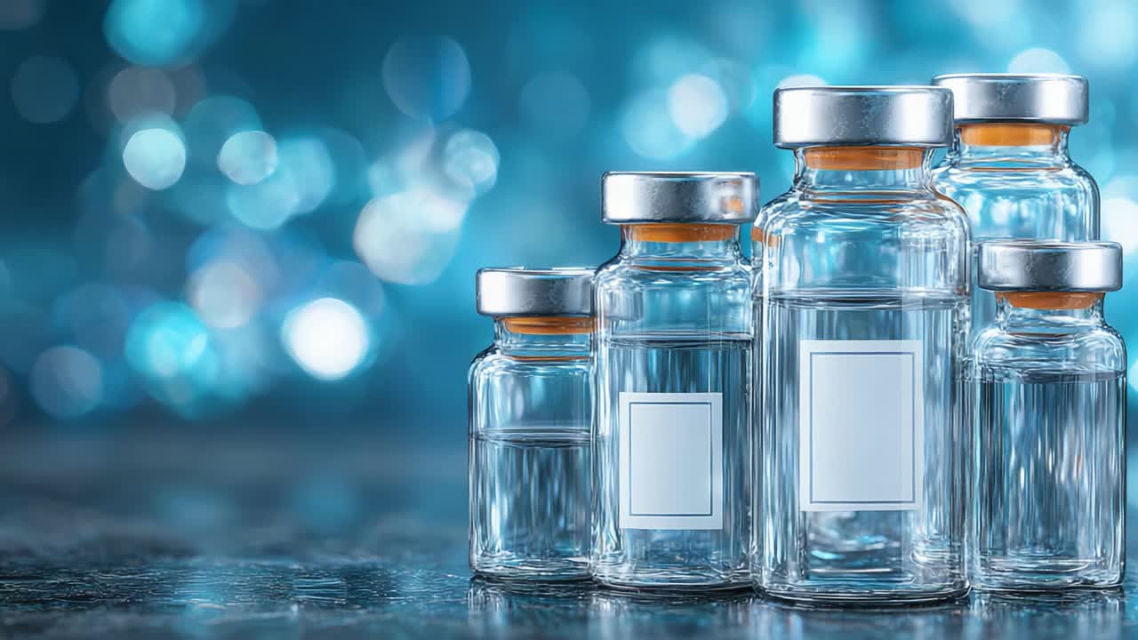 Primer plano de Viales de Vidrio Transparentes con Tapas Plateadas sobre un Fondo Suavemente Enfocado, Perfecto para la Representación de Vacunas o Productos Farmacéuticos