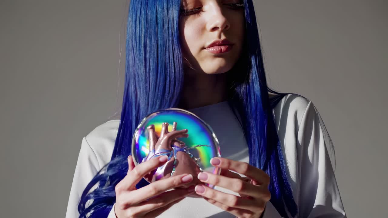 mujer joven con vívido cabello azul delicadamente sosteniendo esfera transparente que contiene un corazón brillante y colorido, transmitiendo conexión emocional etérea contra un telón de fondo minimalista