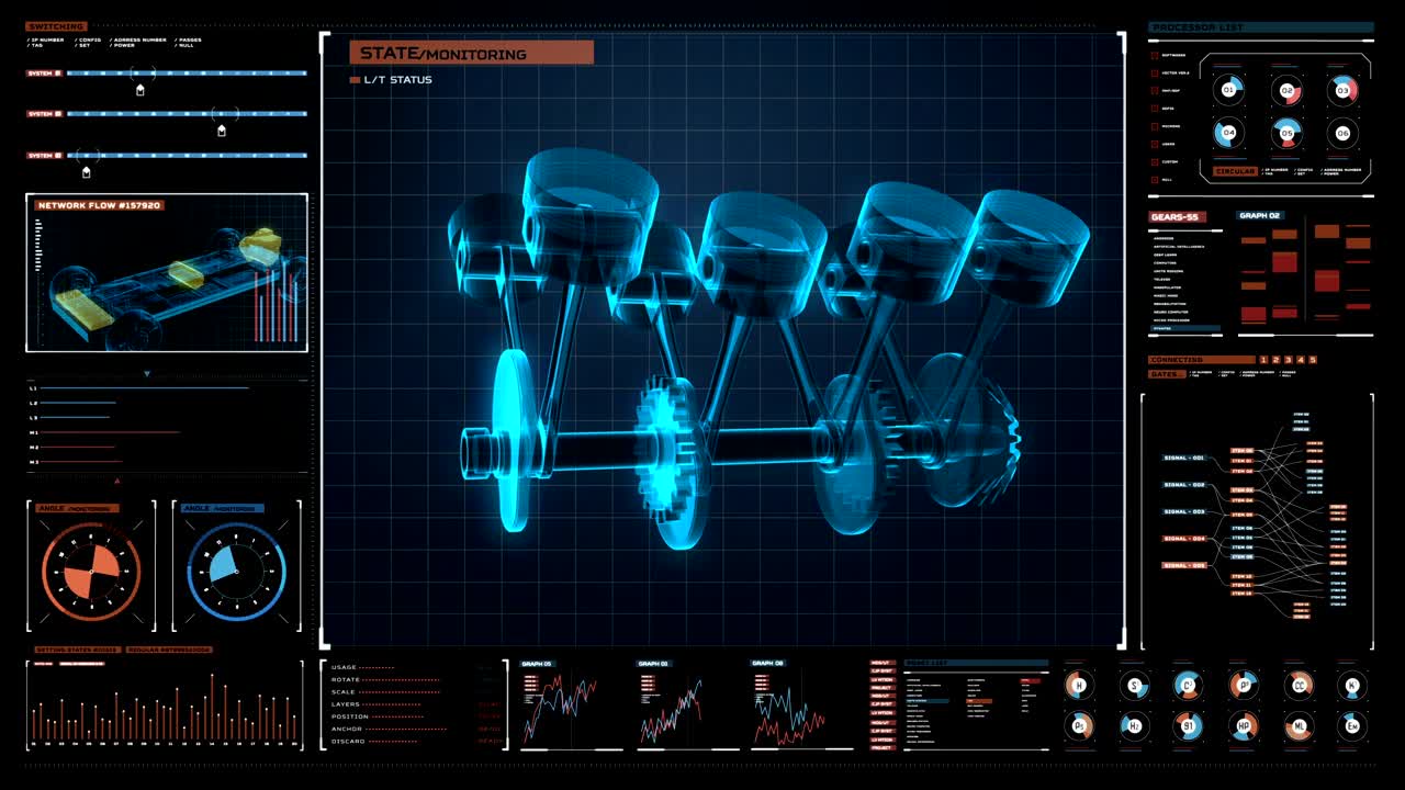 Rotating engine piston valve, Electronic, hybrid car in Digital futuristic display interface. 4k movie.2.