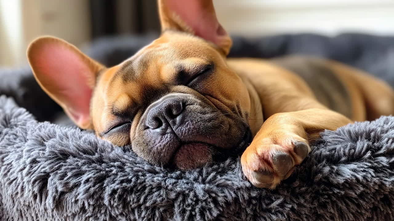 French bulldog resting on soft bed. A relaxed French bulldog lies comfortably on a plush bed, enjoying a peaceful moment indoors
