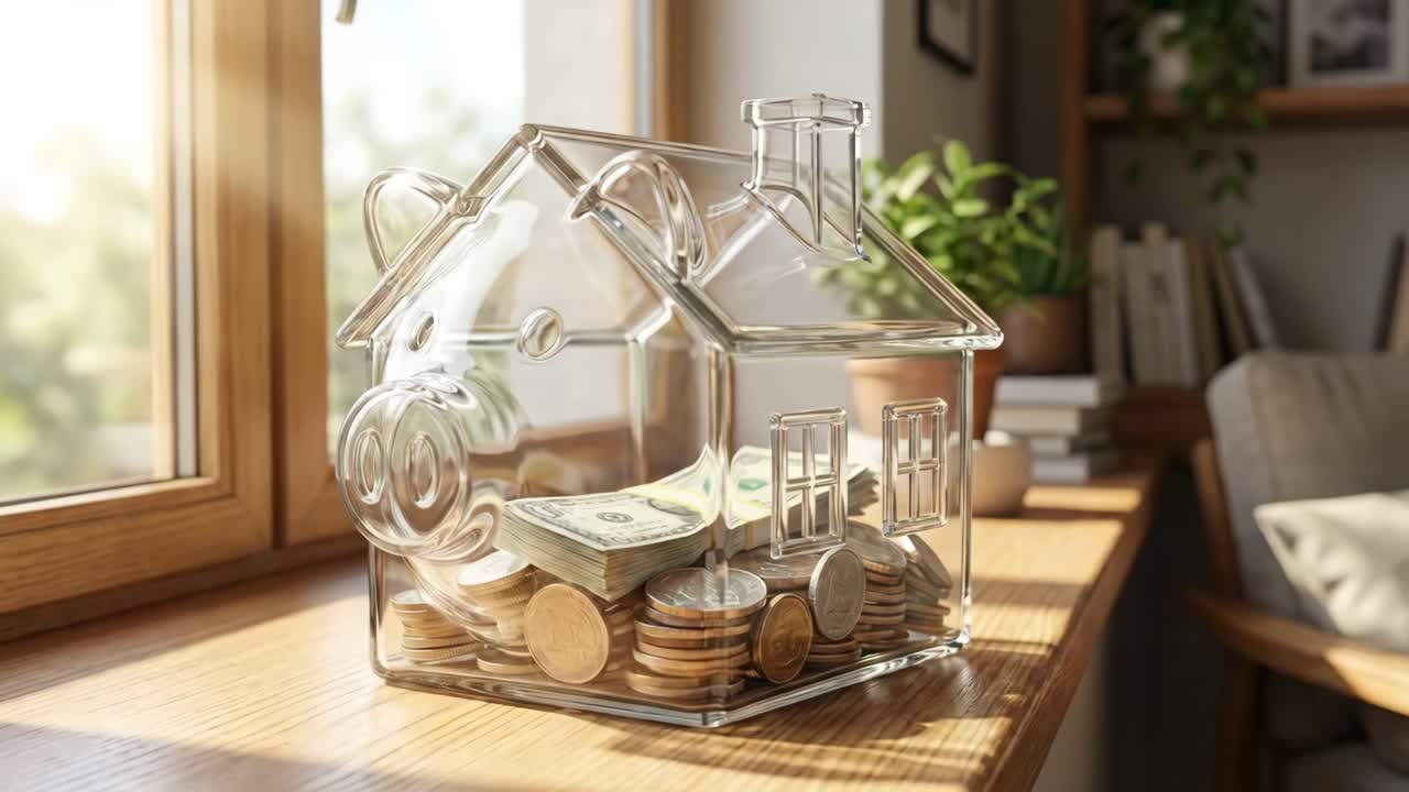 Cofre em forma de casa cheio de moedas e notas de dólar