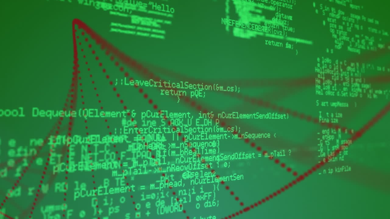 animacja czerwonej helisy dna obracającej się nad danymi przetwarzania, na zielonym tle