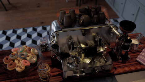 a coffee machine and donuts on a countertop in a kitchen