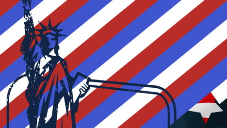 animation of stripes and stars coloured with flag of usa over statue of liberty