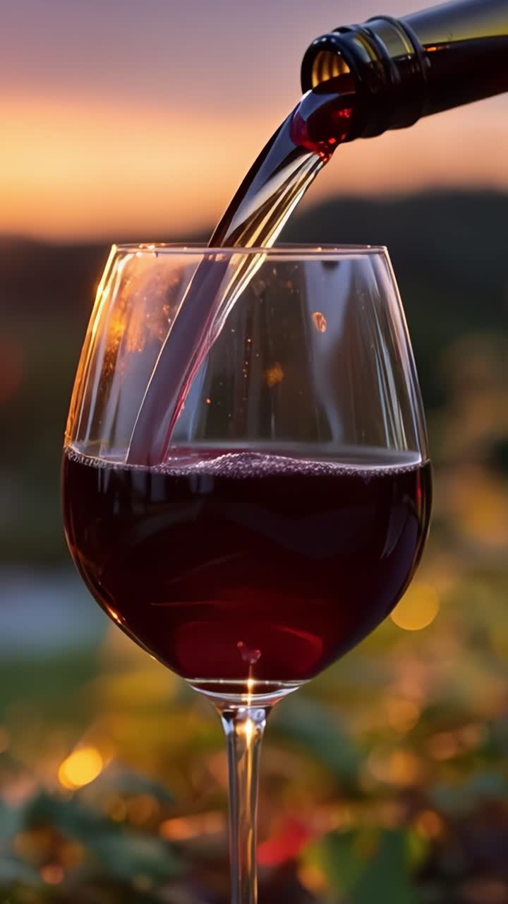 Elegante Scena di Mescita del Vino: Un Bicchiere Viene Riempito con Vino Ricco e Scuro Contro uno Sfondo di Tramonto Splendido, Catturando l'Essenza del Relax e della Raffinatezza