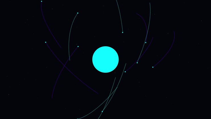 Animazione astratta di particelle luminose che orbitano attorno a una sfera centrale