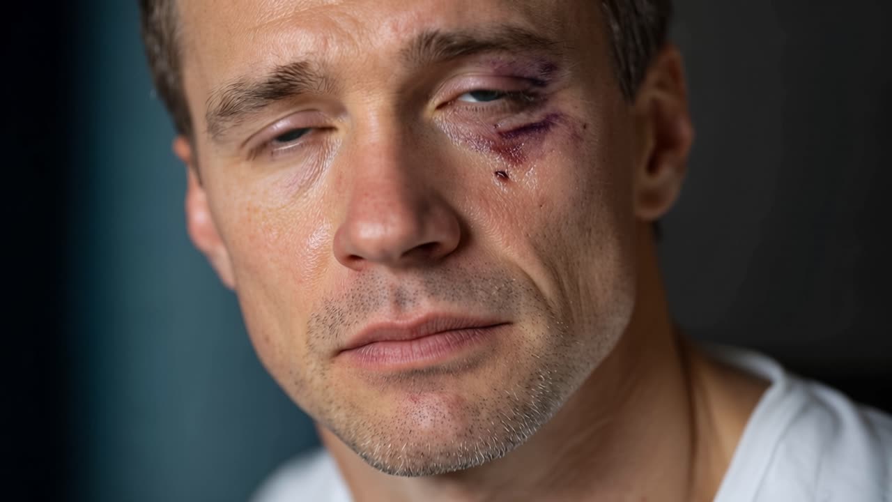 Hombre con un ojo morado luce cansado y adolorido. Parpadea lentamente, mostrando angustia visible. Su rostro transmite lesión y fatiga emocional. Ideal para escenas de lucha, conflicto o sus consecuencias.