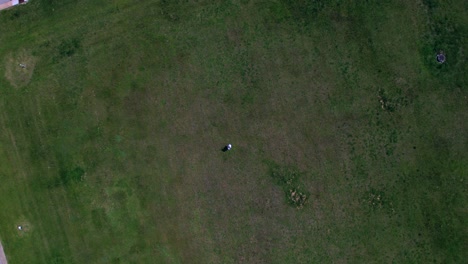 woman raises arms to sky on green field