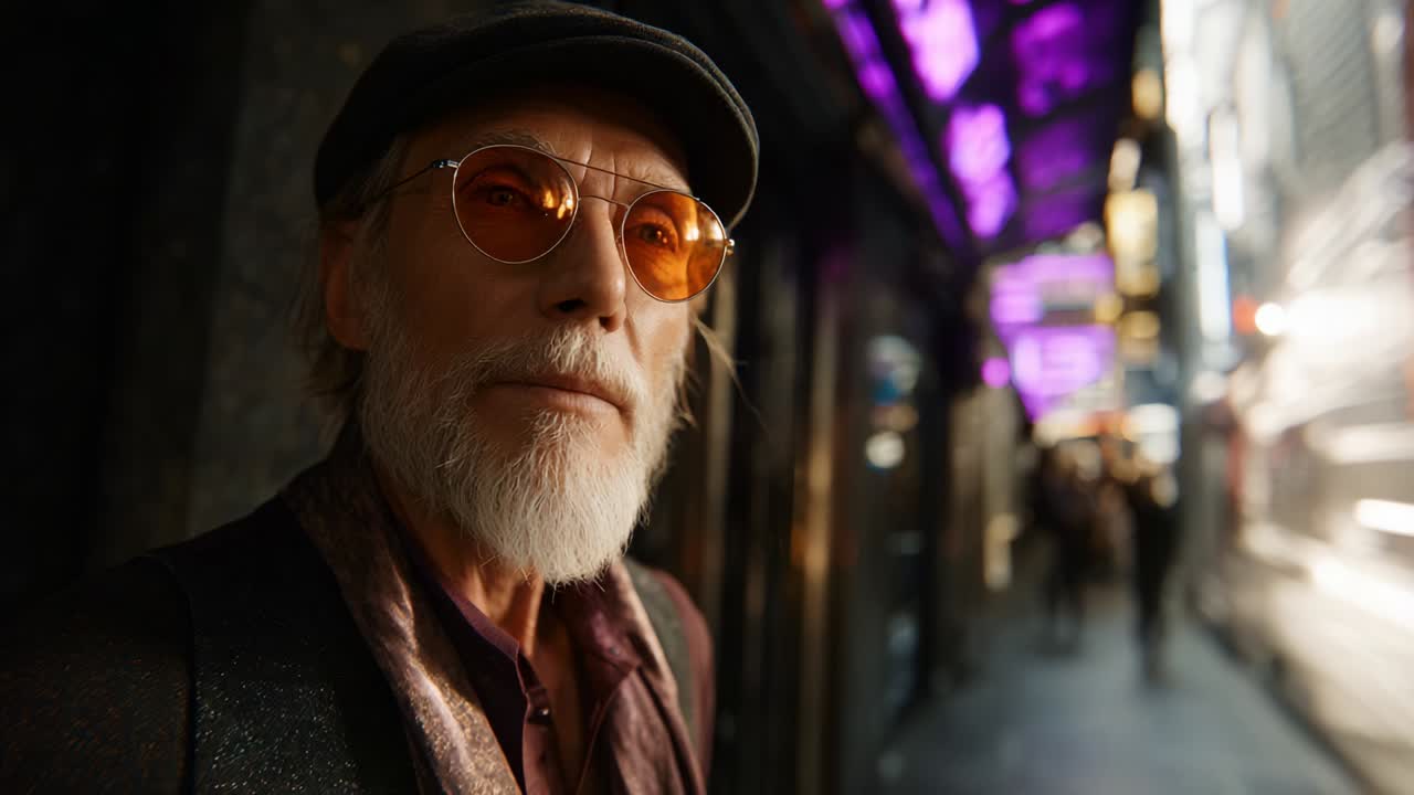 An Unforgettable Encounter: A Thoughtful Elder with Round Glasses and a Stylish Hat in a Dynamic Urban Setting, Captured in Two Moments That Illustrate Depth and Character Against a Lively Background