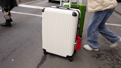 people navigating crosswalk with suitcases