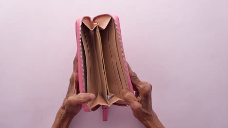 senior women hand open an empty wallet with copy space