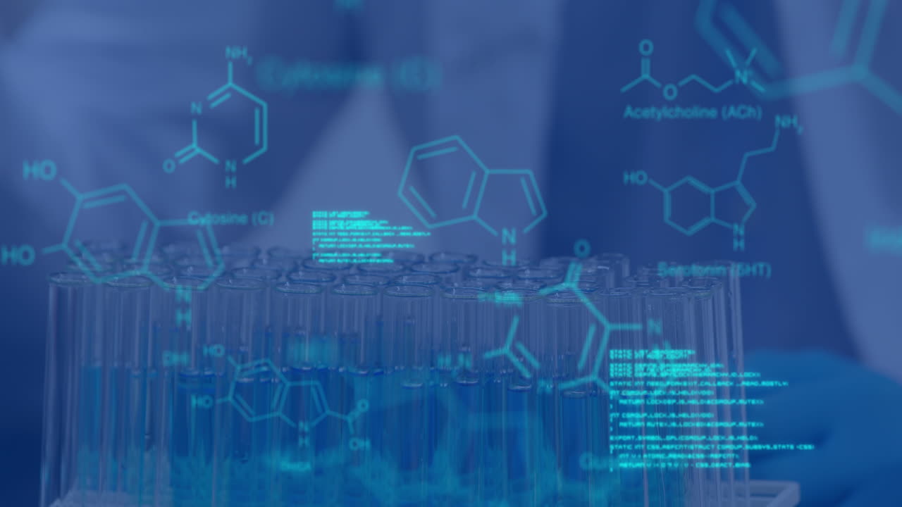 animación del procesamiento de datos y la fórmula química sobre el científico
