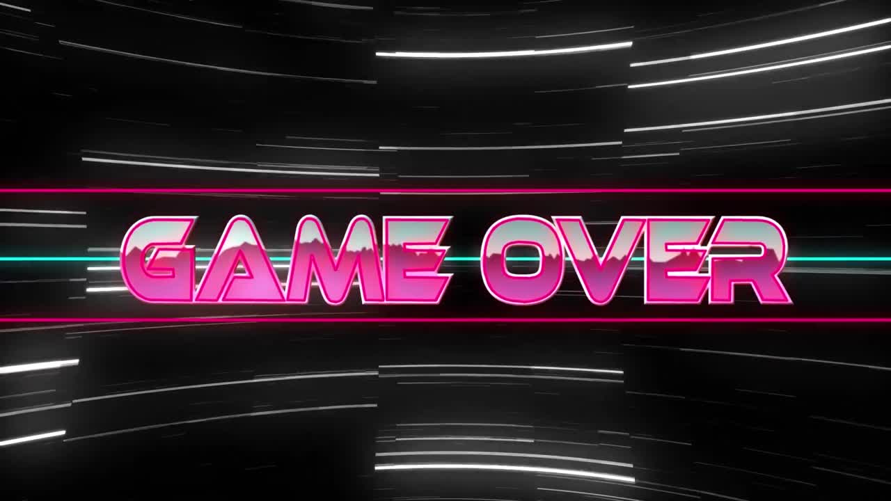 Digital animation of game over text over light trails rotating against black background