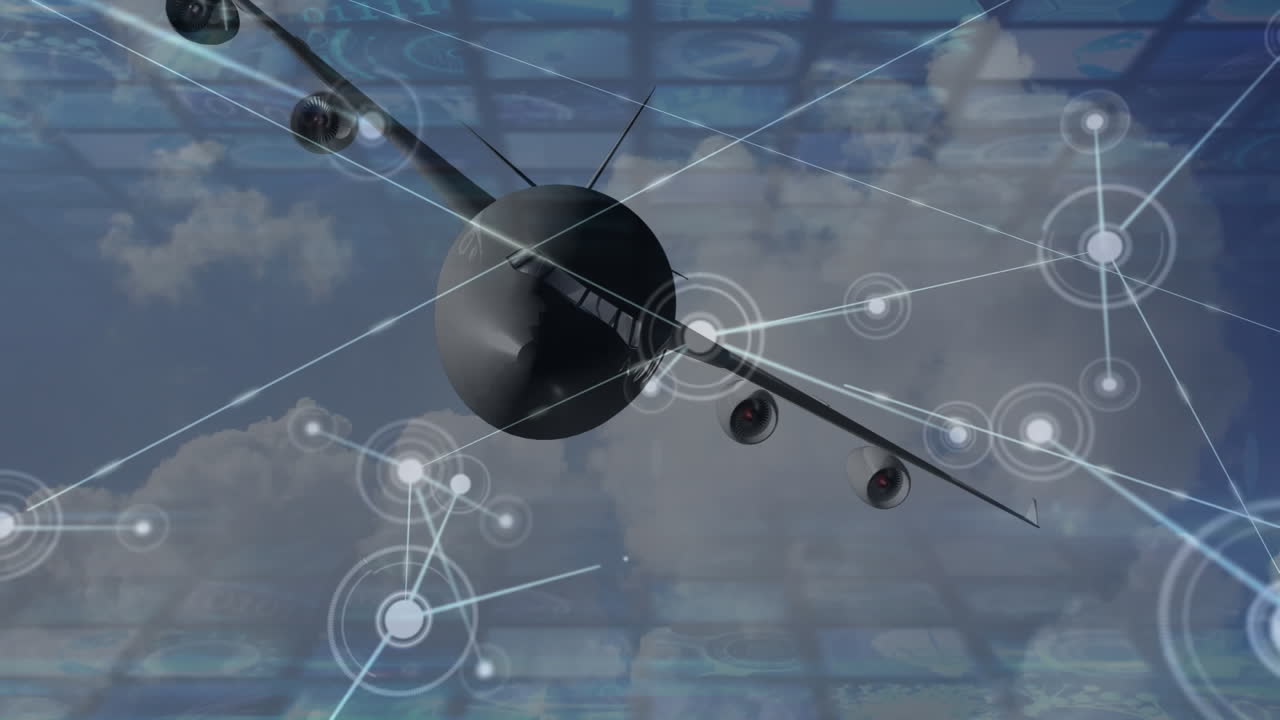 animación de la red de conexiones sobre el avión que vuela en el cielo