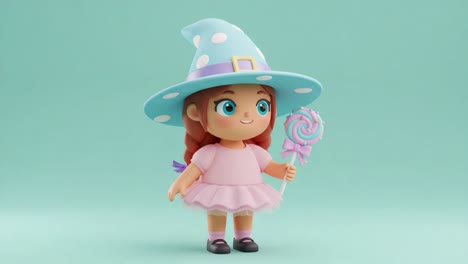 charming animated character in a playful polka dot hat holding a sweet lollipop, capturing the essence of fun and enchantment in a whimsical setting