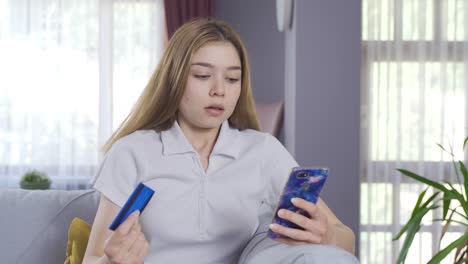 Woman shopping with credit card makes mistakes. Incorrect use of credit.
