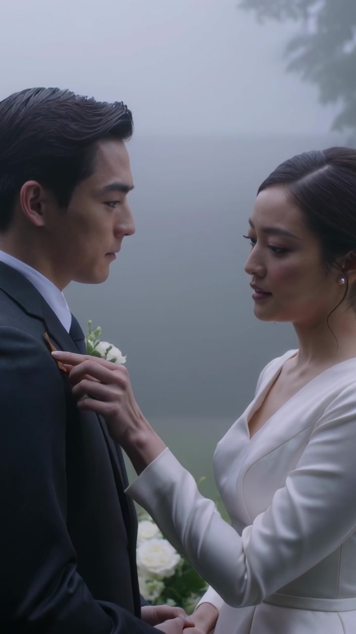 Video vertikal: Pengantin wanita bergaun pengantin melepaskan tangan, memasang pin berdaun pada jas pengantin pria di danau berkabut