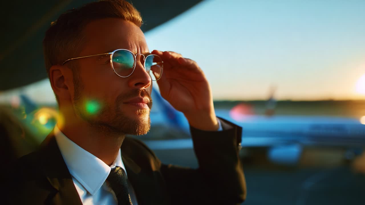 A sophisticated man in formal attire gazes thoughtfully into the distance, bathed in warm sunset light at an airport, showcasing confidence and contemplation as he prepares for his next journey
