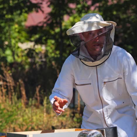 Male apiarist on a bee farm. Beekeeper in white protective suit working near beehives among nature. Wooden hives in nature
