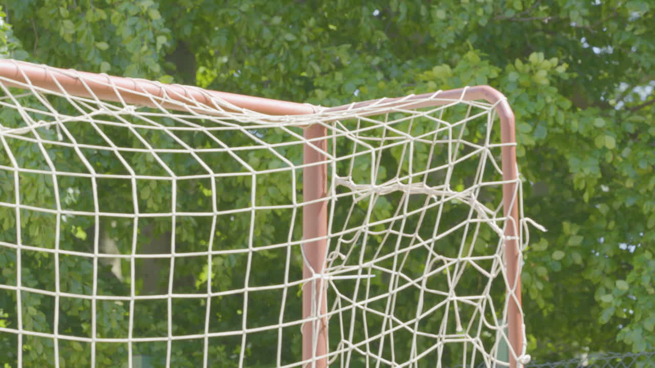 A piece of metal soccer goal with a white net on a neighborhood field, against swaying trees with green leaves