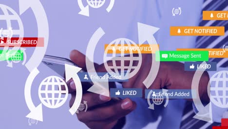 Animation-Von-Social-Media-Texten-Auf-Bannern-Mit-Digitalen-Symbolen-über-Einem-Geschäftsmann,-Der-Sein-Smartphone-Nutzt