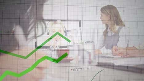 animation of statistical data processing over diverse colleagues having a video conference at office