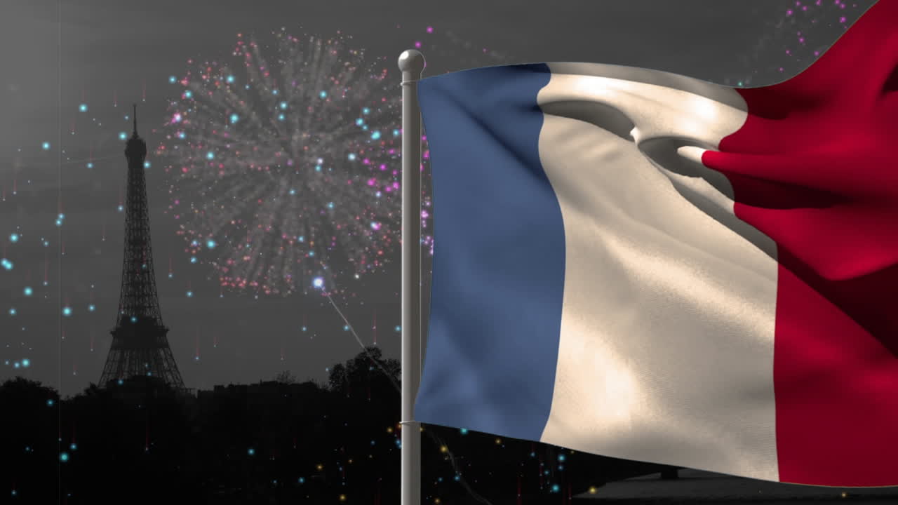 Animation of flag of france with fireworks and eiffel tower background