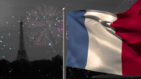 animation of flag of france with fireworks and eiffel tower background