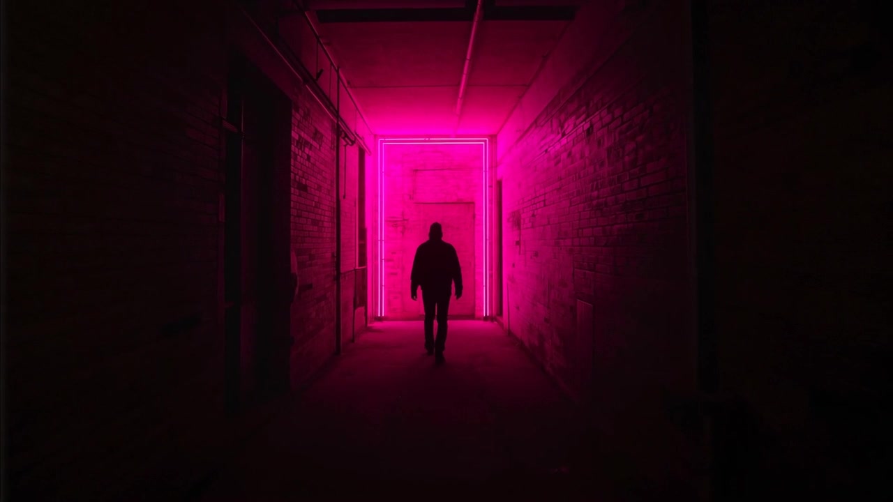 Uomo incappucciato con giacca che emerge e cammina verso la telecamera lungo un corridoio, uscendo da un portale al neon magenta.