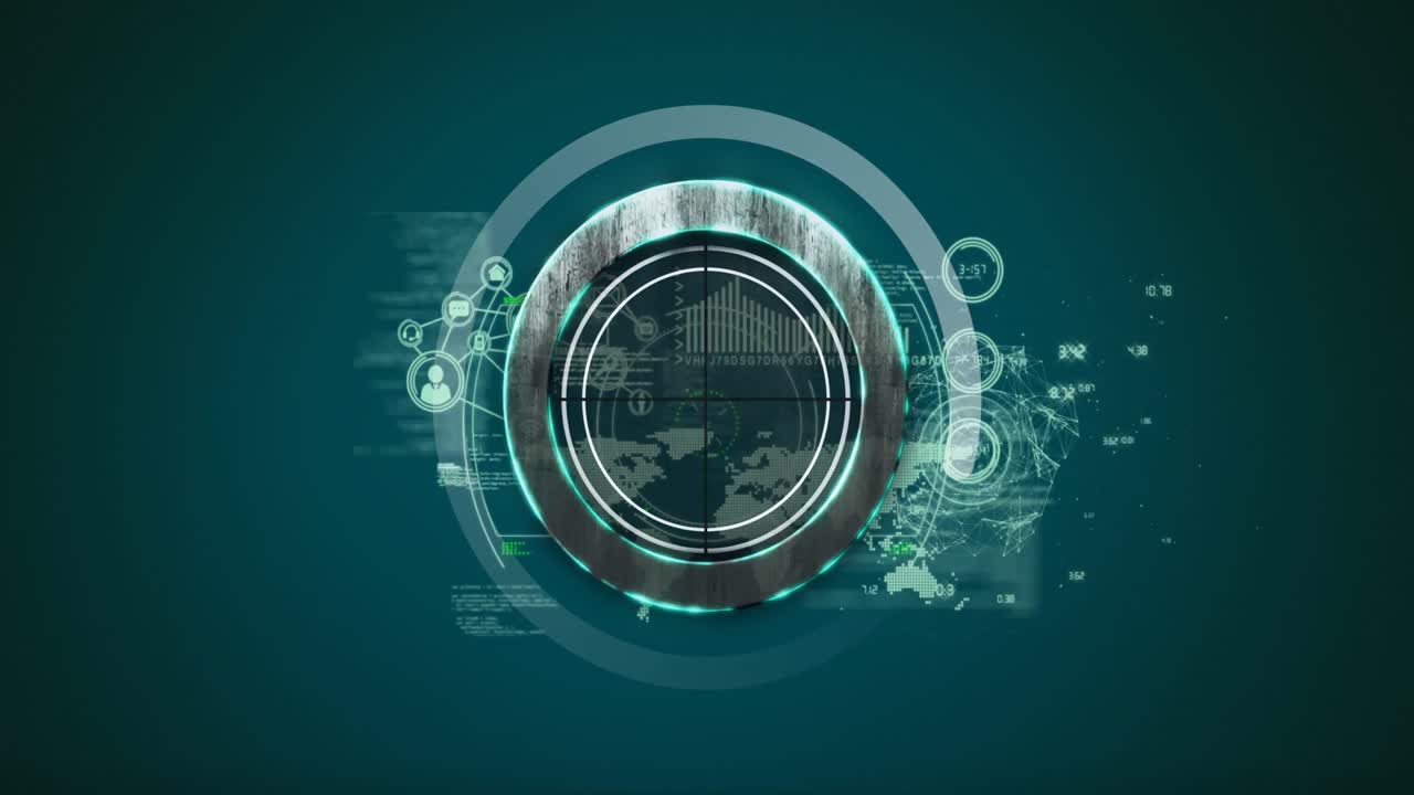 Animation of circle moving over financial data processing on green background
