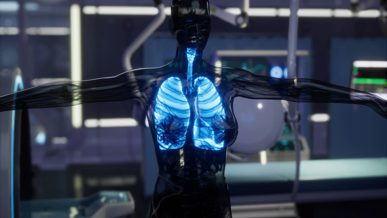 Lungs illuminated within a human figure in a futuristic laboratory setting