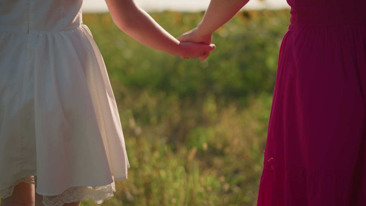 manos asiáticas entrelazadas en un prado, plano cerrado de dedos entrelazados y faldas, fondo de hierba iluminada por el sol, textura de tela suave, gesto tierno de confianza entre amigos, primer plano de un detalle íntimo de verano