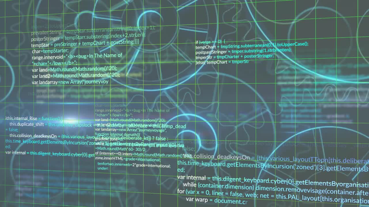 Animation of mechanical gears, lens flares and computer language over abstract background