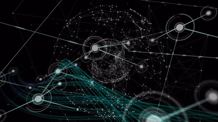 Animation of network of connections over black background with globe