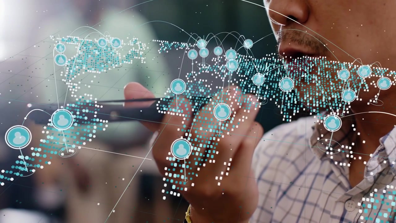 Man speaking into phone, activating tech dotted world map, populating and linking nodes globally