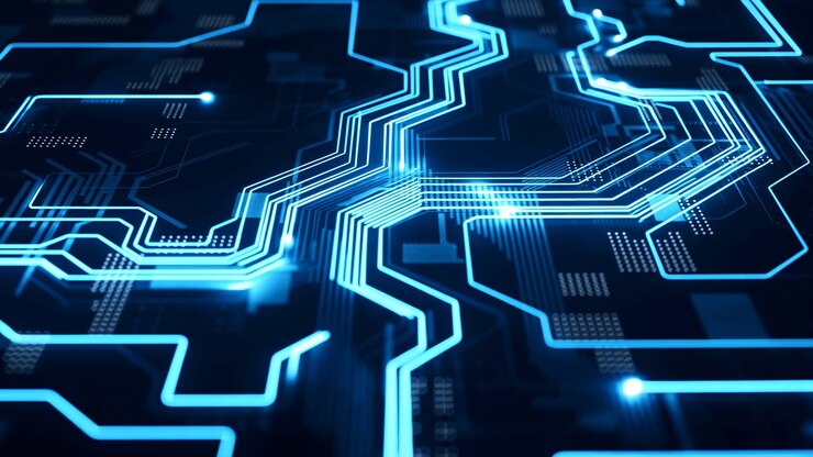 Blue Neon Circuit Board Glowing Traces Complex Pathways, Pulsing Nodes, Chipset Texture, Dynamic Light