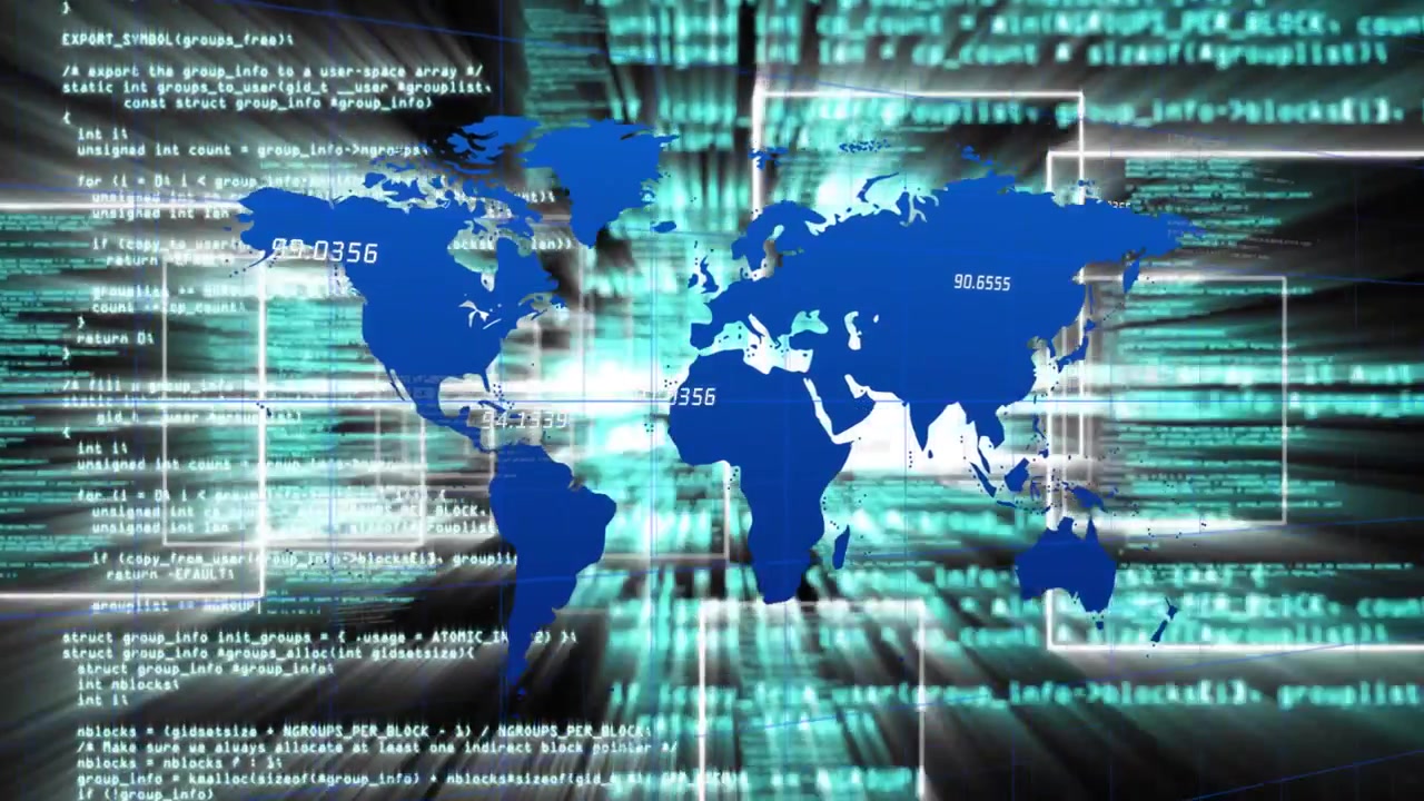 Blue world map appearing, floating while code rails sliding and numbers updating, visualizing data