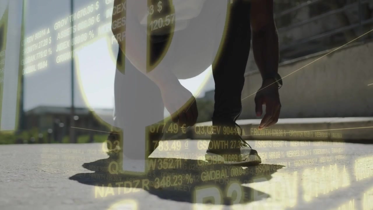 Athletic man reaching down and tying shoelace, preparing to run, while stock ticker overlay growing