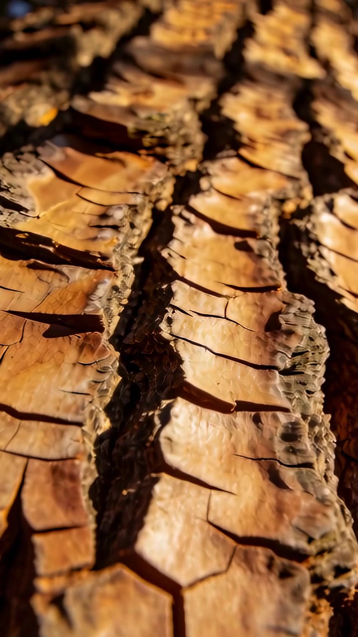 Video verticale: La fotocamera sposta la messa a fuoco rivelando una crepa centrale nel tronco di un albero al parco per mostrare la corteccia che si sfalda