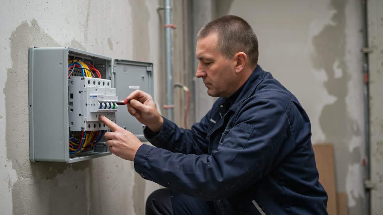 Electrician Performing Wiring Installation and Maintenance on a Circuit Breaker Panel with a Focus on Safety and Precision in a Residential Setting