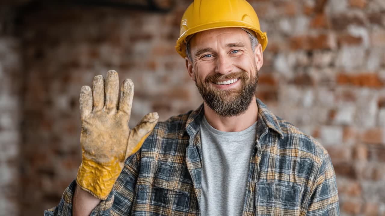 Friendly Construction Worker Smiling and Waving with Safety Gear and Hard Hat in Industrial Setting Signifying Team Spirit and Safety Culture
