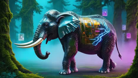 cybernetic elephant in a futuristic forest