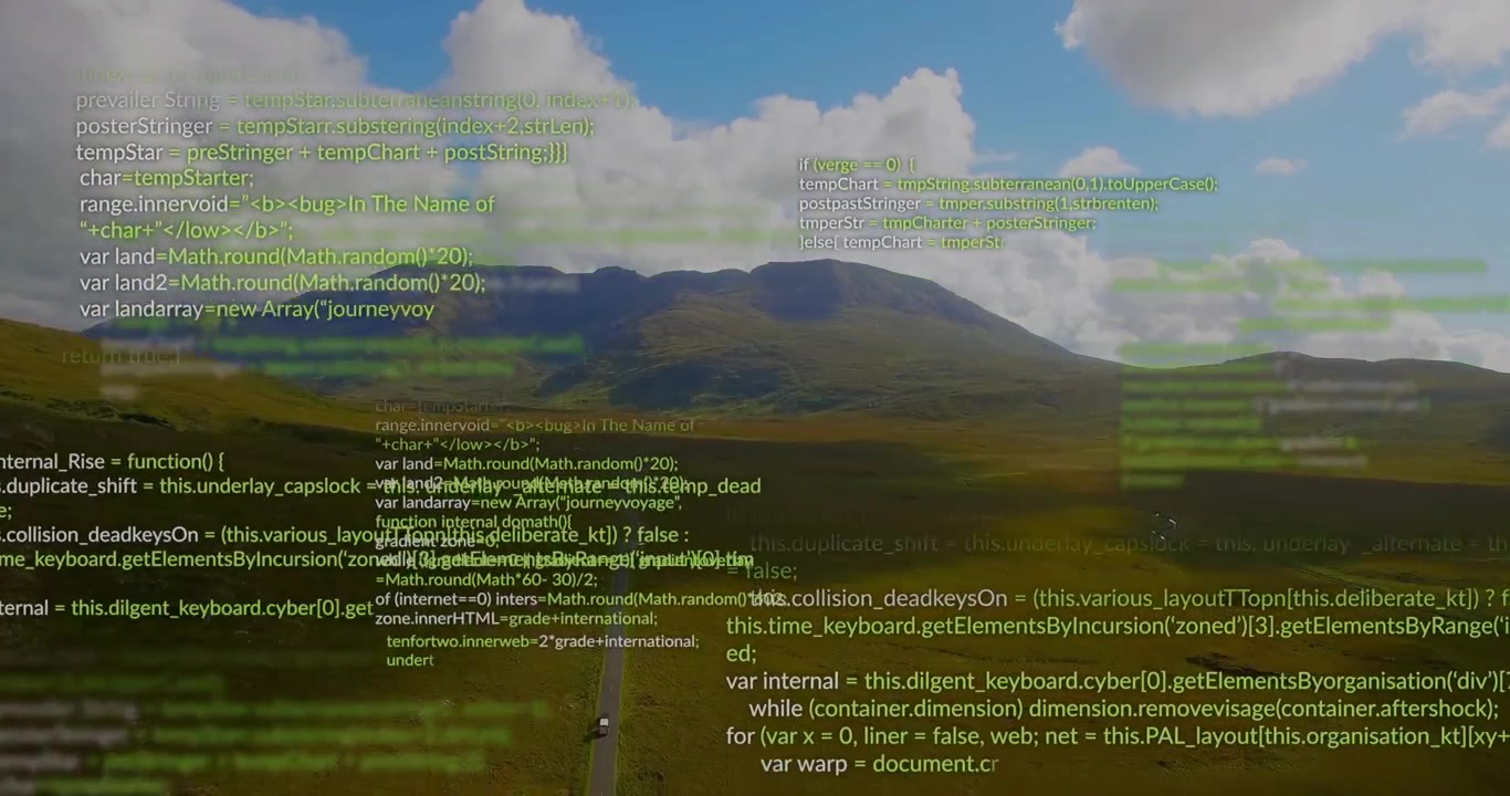 Translucent code snippets fading in and scrolling over receding road to represent data journey