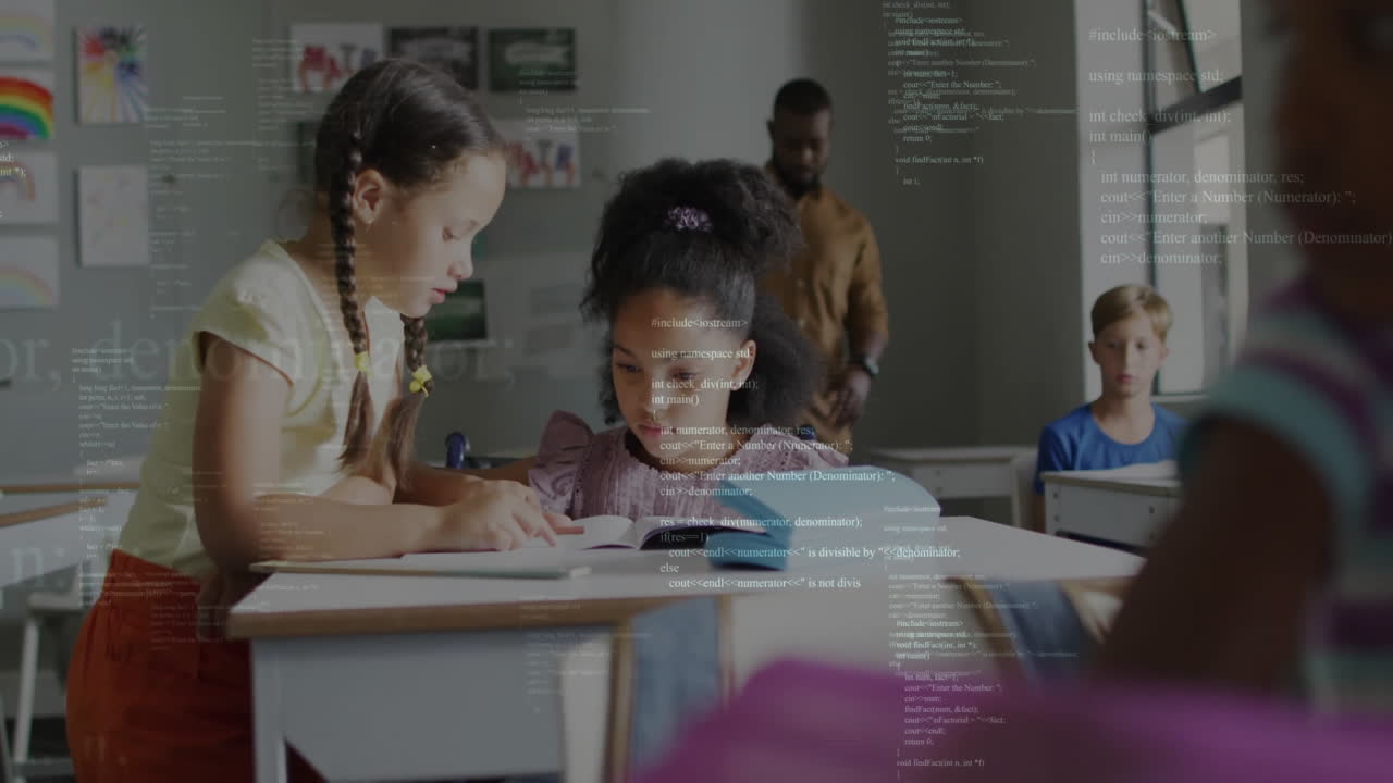 Children studying in classroom with programming code animation over them