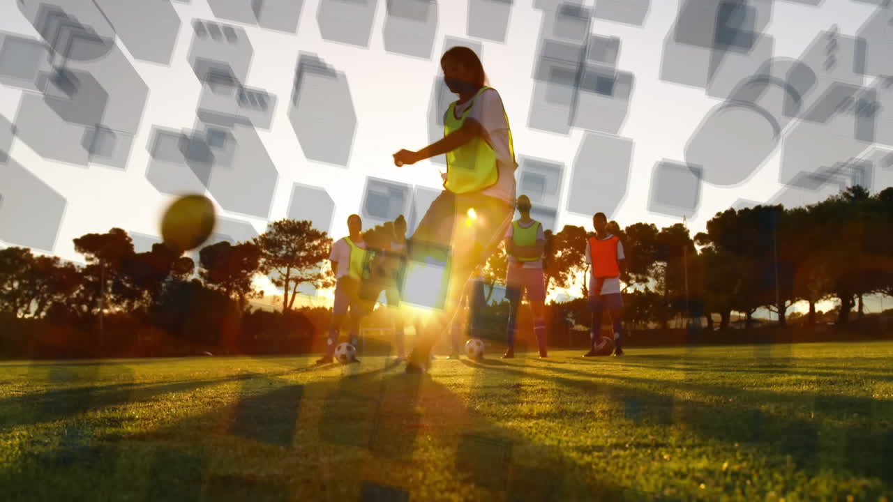 Soccer players practicing on field with geometric shapes animation overhead