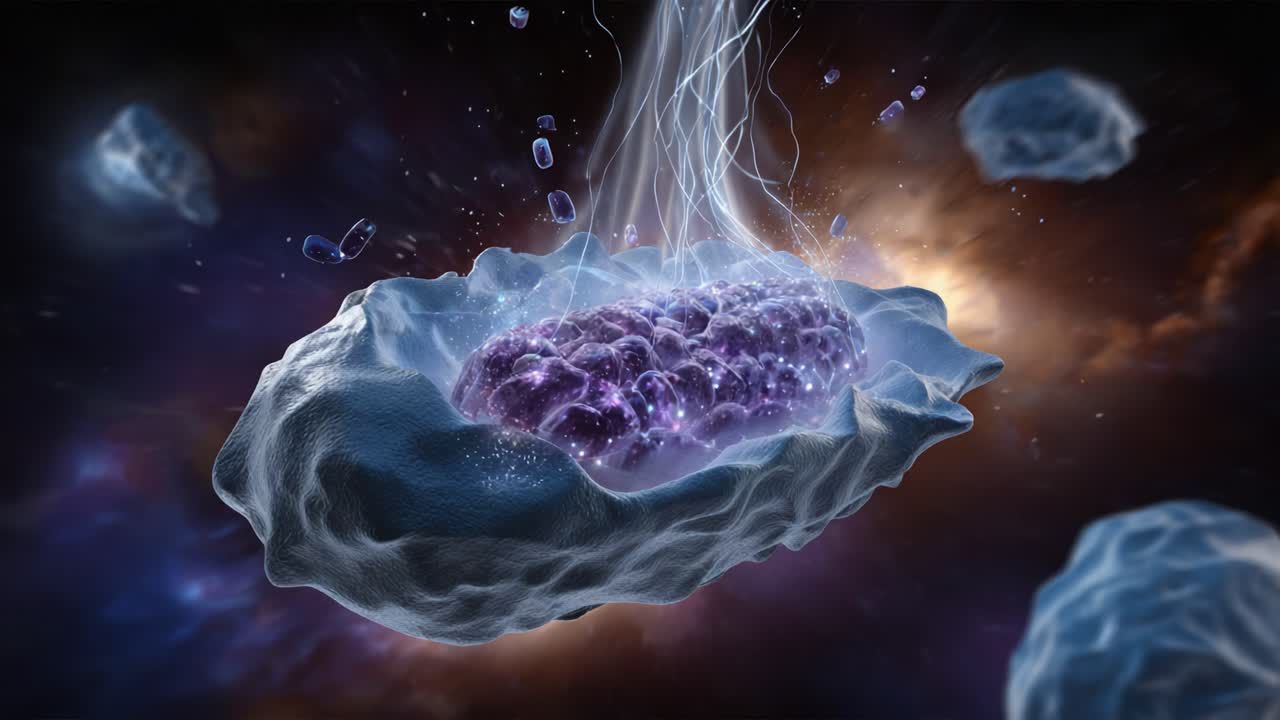 Exploring the Mysteries of Microscopic Life: A Stunning Visual Representation of Cellular Structures and Their Intricate Energetic Interactions in the Cosmos