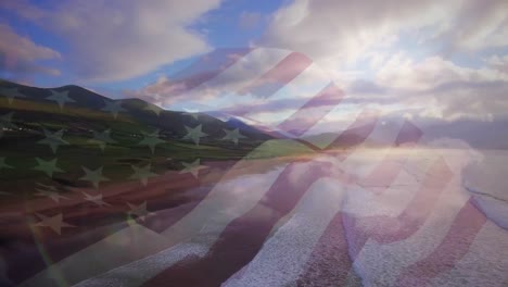 animación de la bandera de los estados unidos ondeando sobre el paisaje de la playa